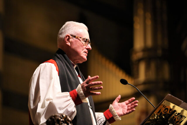 Melbourne Archbishop Philip Freier giving a sermon on science and faith at a science–faith themed Evensong service at St Paul's Cathedral.