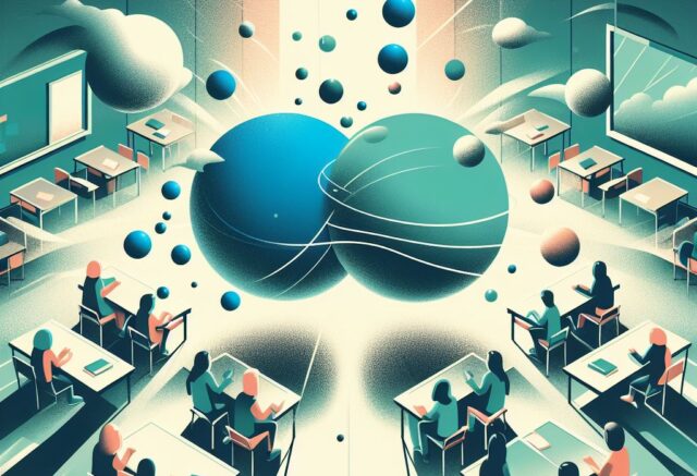 Illustration of two spheres colliding inside a high school classroom with students, representing the common belief of students that science and Christianity cannot co-exist.