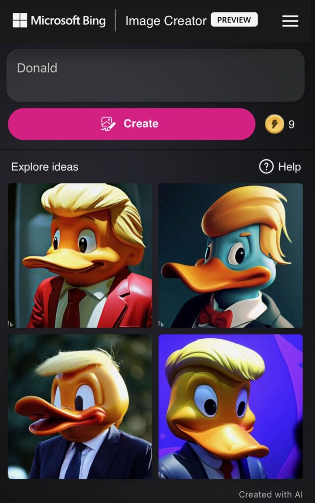 Microsoft Bing Image Creator, prompted with the single word "Donald", returning four images of Donald Duck drawn with Donald Trump's hair.